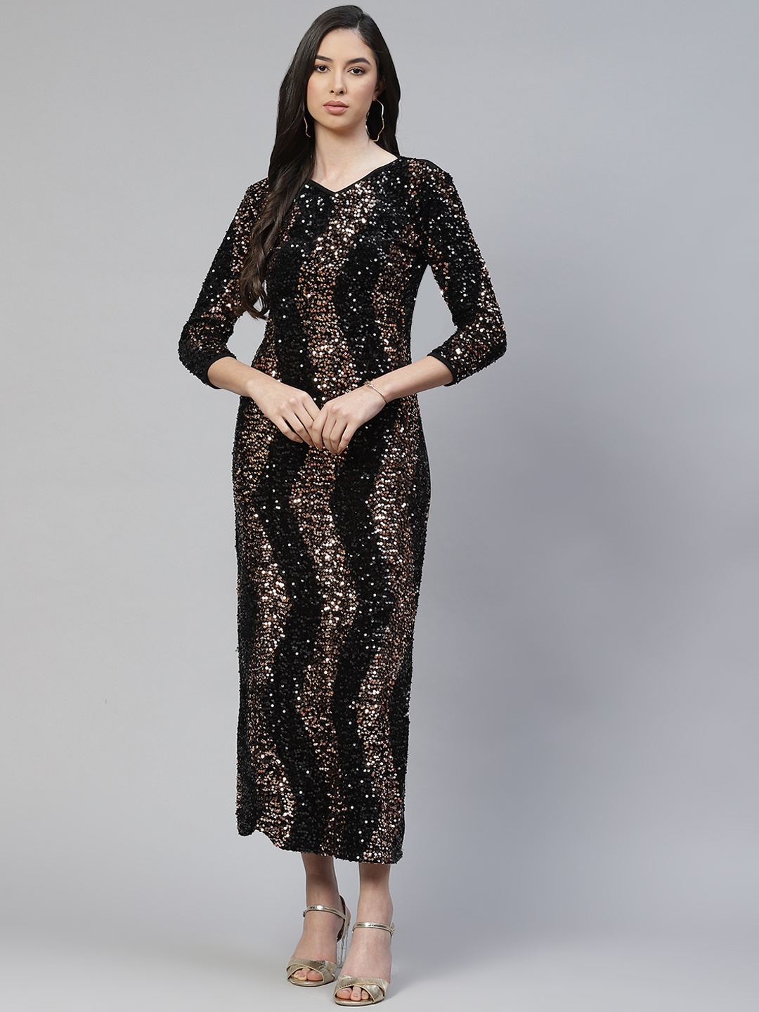 

Cottinfab Black & Copper-Toned Sequined Sheath Midi Dress