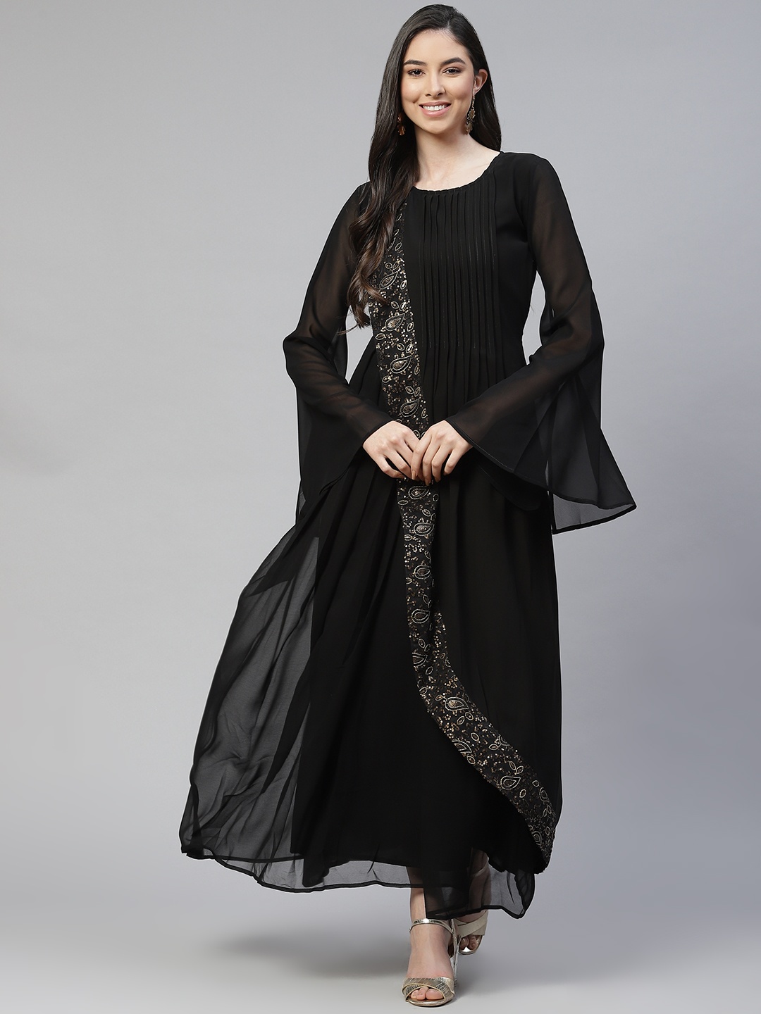 

Cottinfab Black Ethnic Motifs Sequined A-Line Maxi Dress with Bell Sleeves