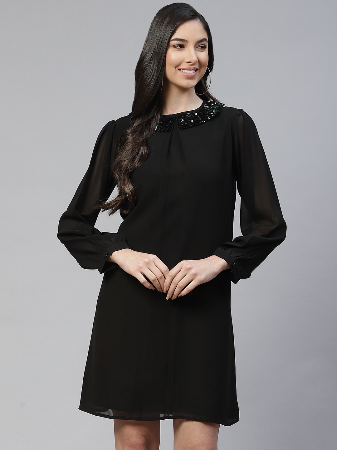 

Cottinfab Black Solid Peter Pan Collar A-Line Dress