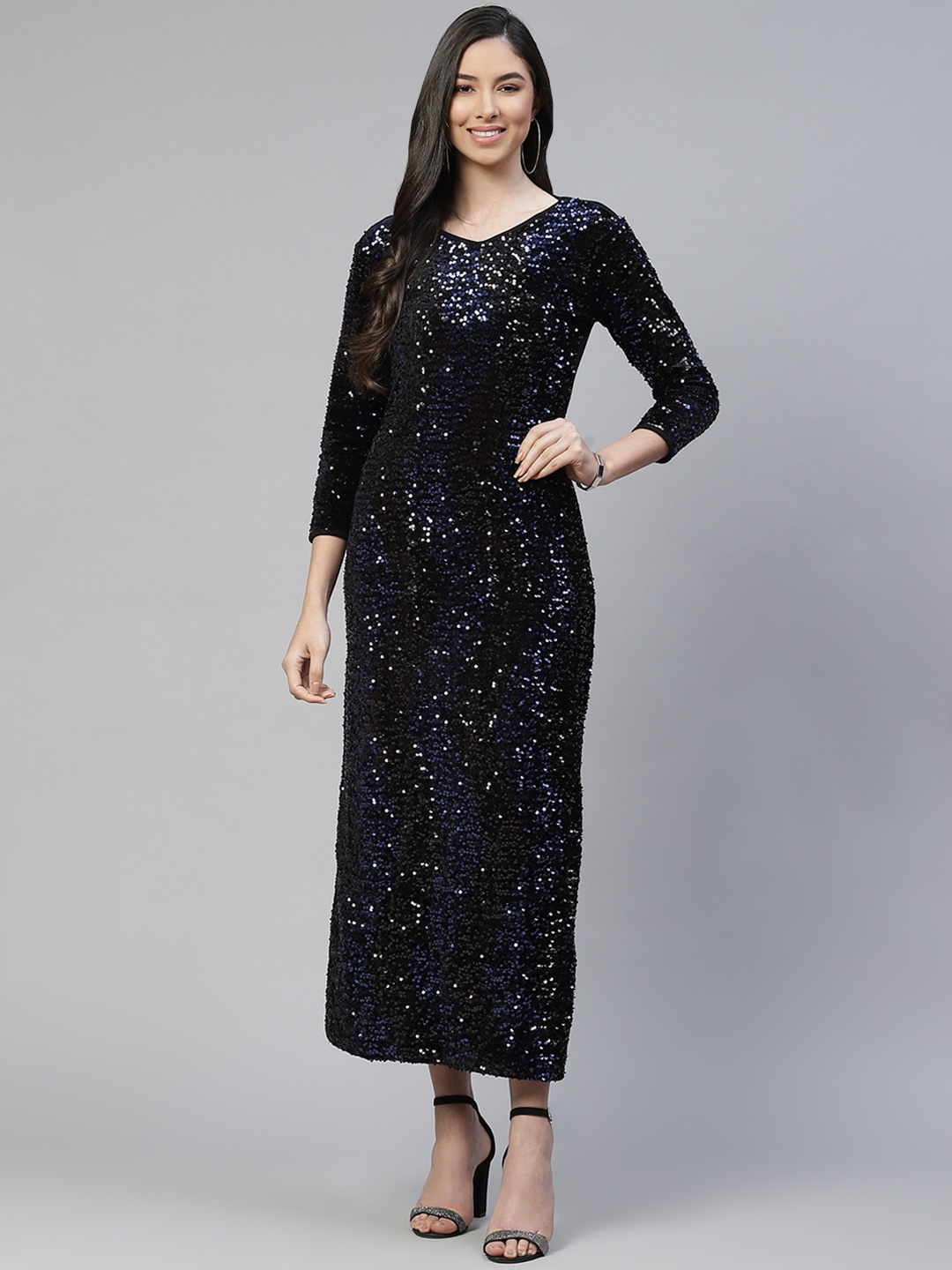 

Cottinfab Black & Blue Sequined Sheath Midi Dress