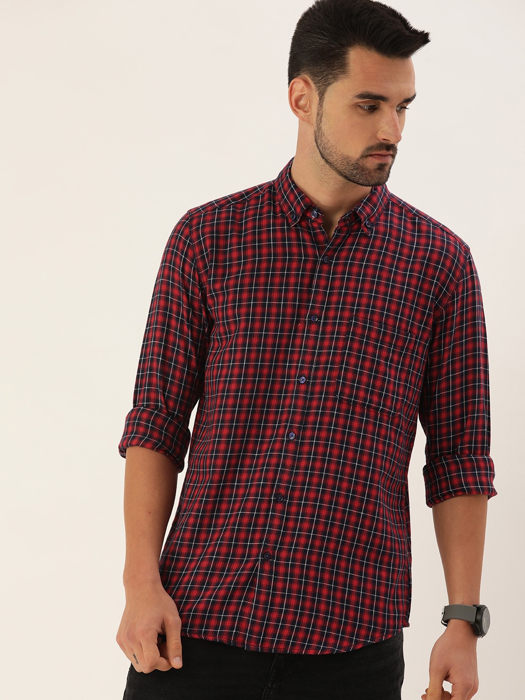 

IVOC Men Maroon & Navy Blue Cotton Classic Checked Casual Shirt