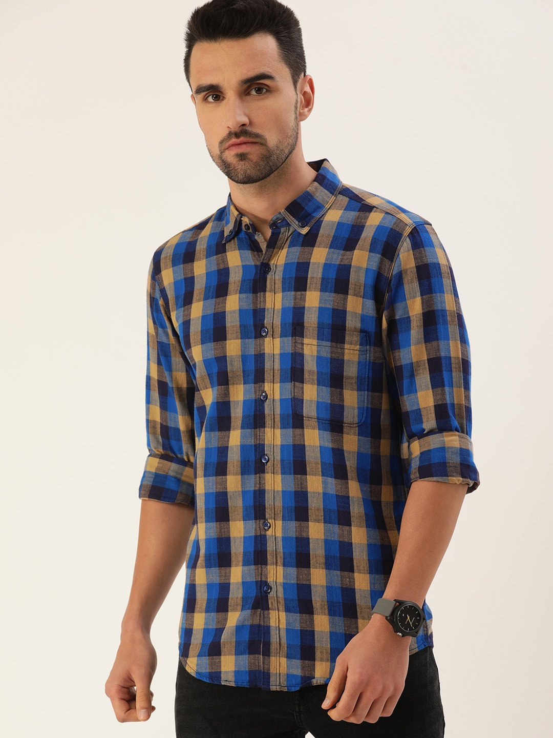 

IVOC Men Blue & Beige Cotton Classic Buffalo Checks Checked Casual Shirt