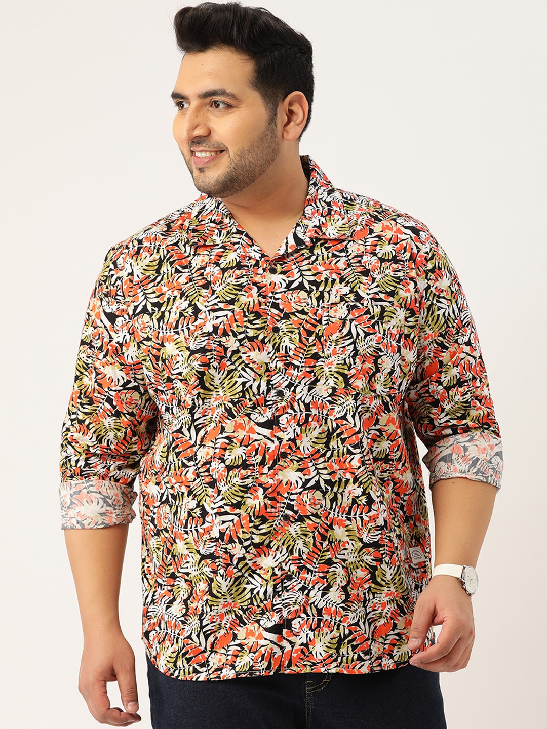 

Bene Kleed Plus Men White & Orange Floral Printed Casual Shirt