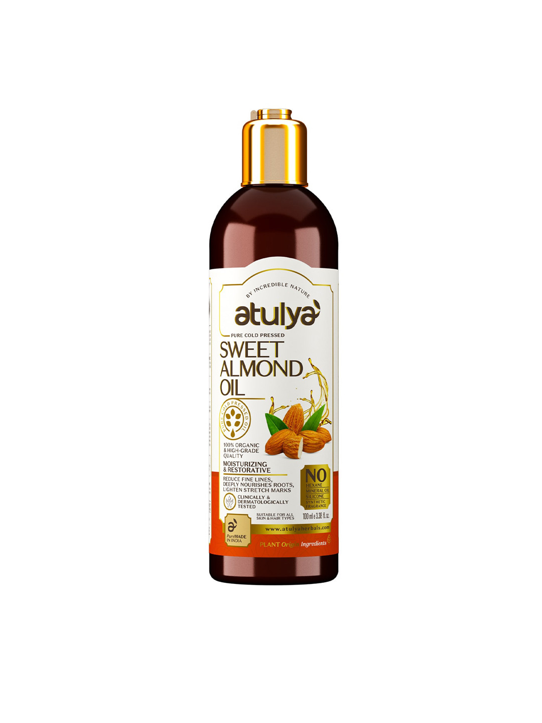 

Atulya Sweet Almond Pure Cold Pressed Organic Oil For All Skin & Hair Types - 100 ml, Orange