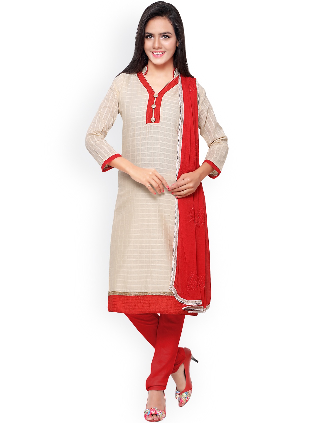 

Saree mall Cream-Coloured & Red Unstitched Dress Material