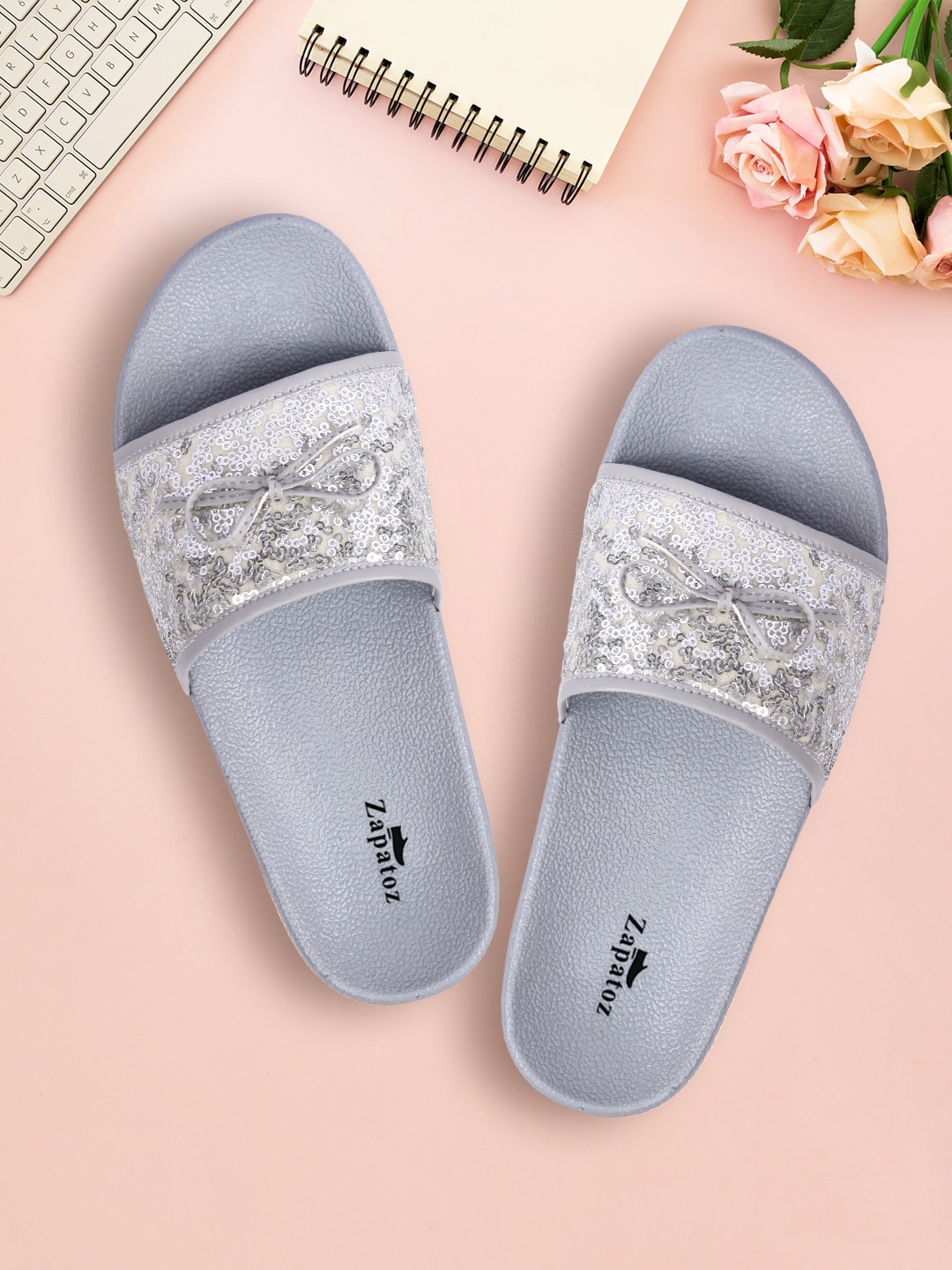 

ZAPATOZ Grey Embellished PU Comfort Heels