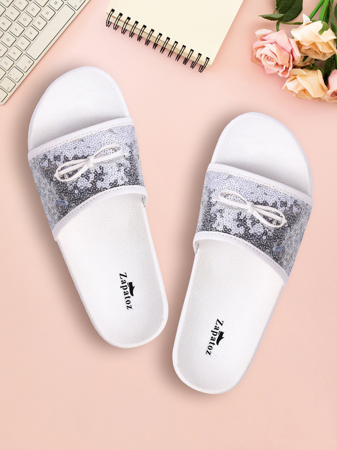 

ZAPATOZ White Embellished PU Comfort Heels