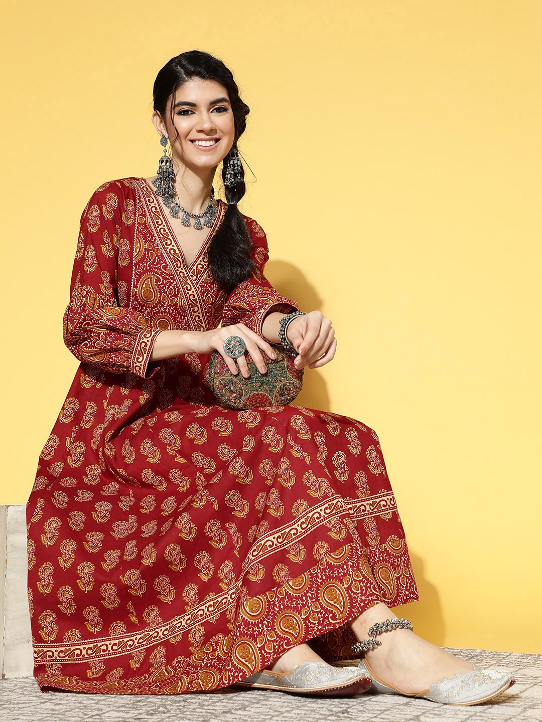 

Yufta Women Charming Maroon Ethnic Motifs Swirling Volume Dress