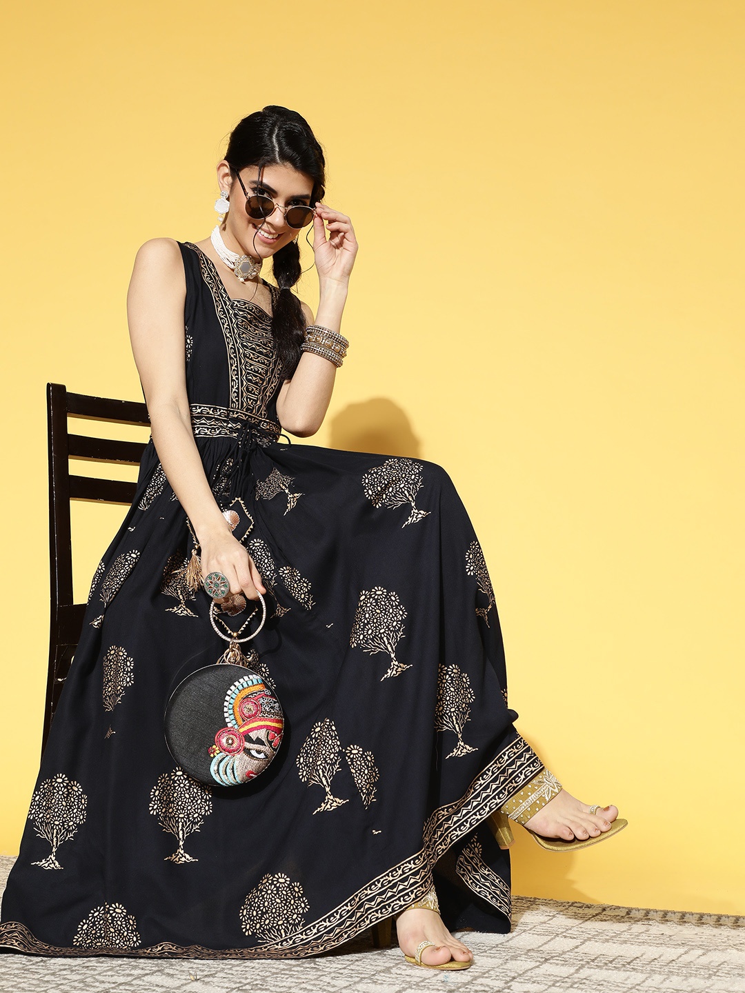 

Yufta Women Stylish Black Ethnic Motifs Swirling Volume Dress