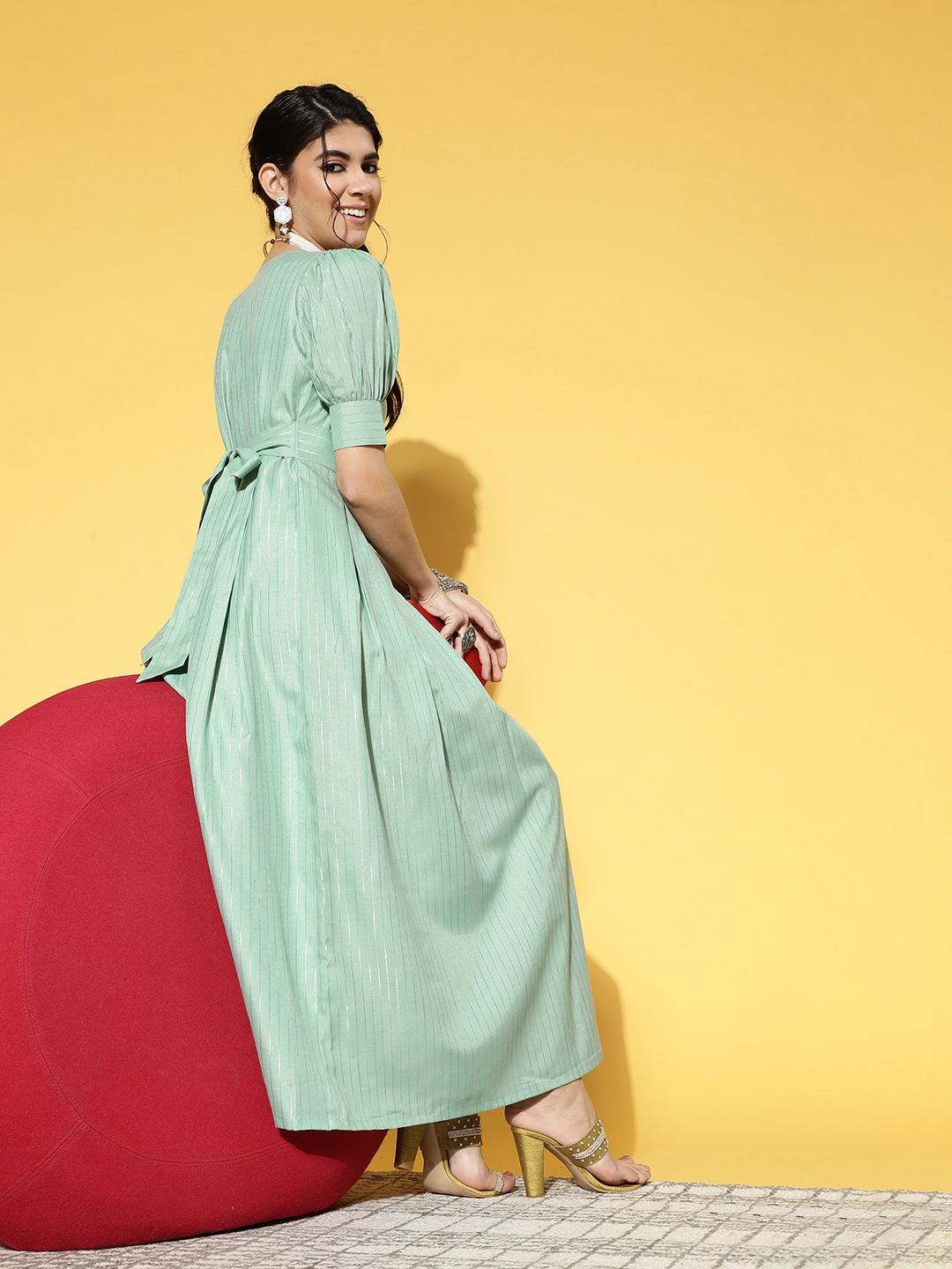 

Yufta Women Enchanting Sea Green Striped Swirling Volume Dress