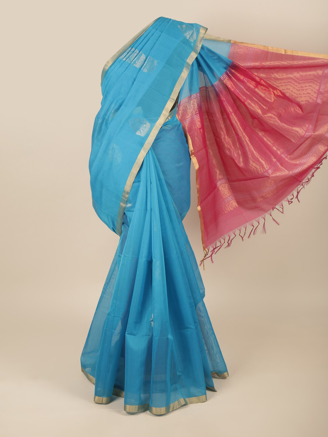 

Pothys Turquoise Blue & Gold-Toned Woven Design Zari Pure Silk Saree