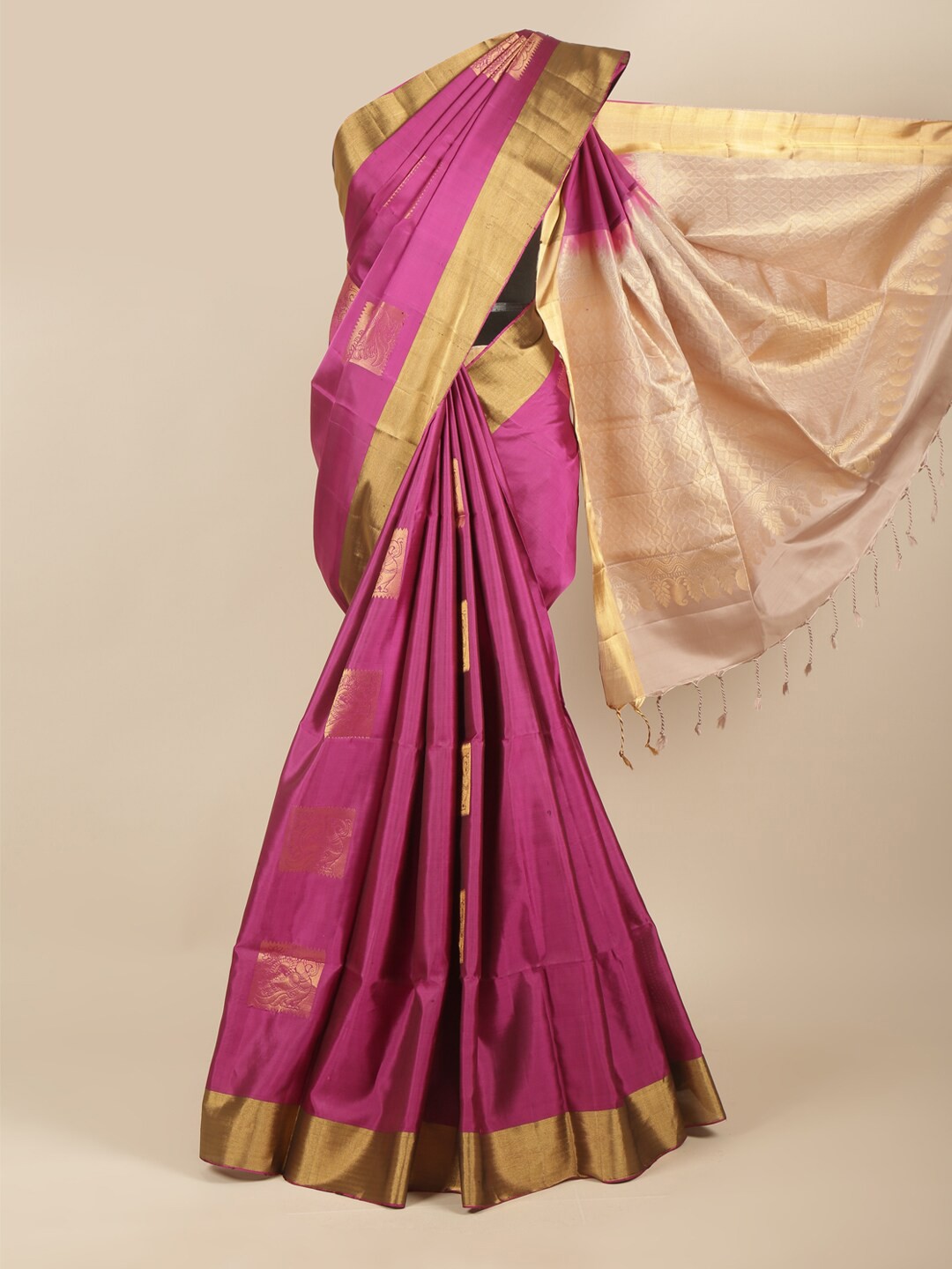 

Pothys Purple & Gold-Toned Ethnic Motifs Zari Pure Silk Saree