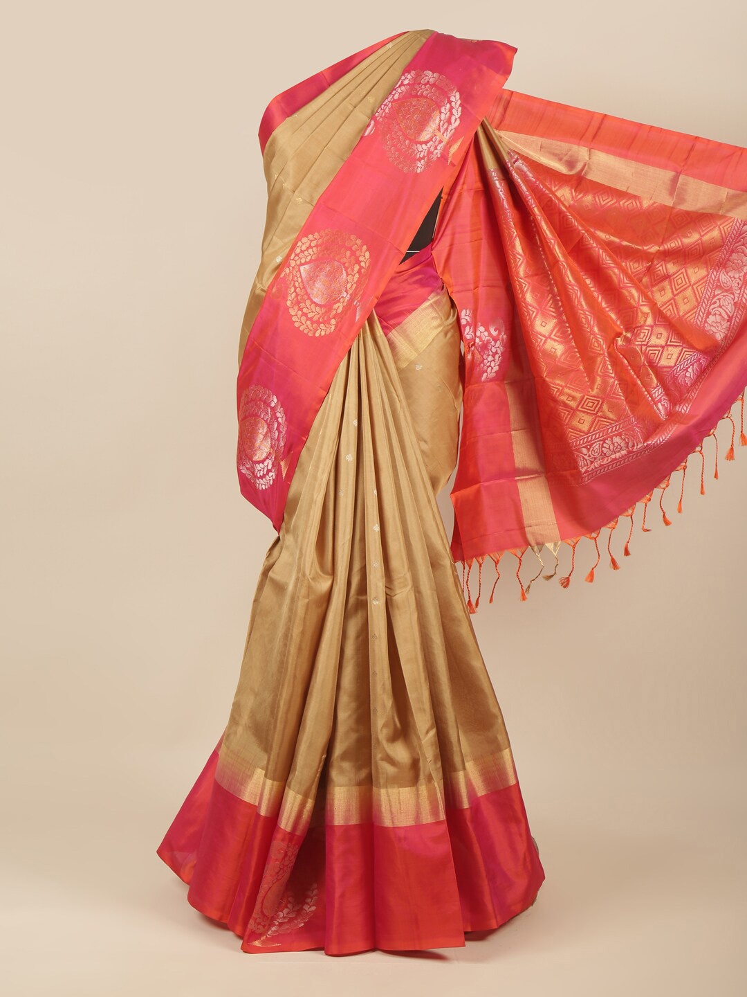 

Pothys Tan & Pink Woven Design Zari Pure Silk Saree