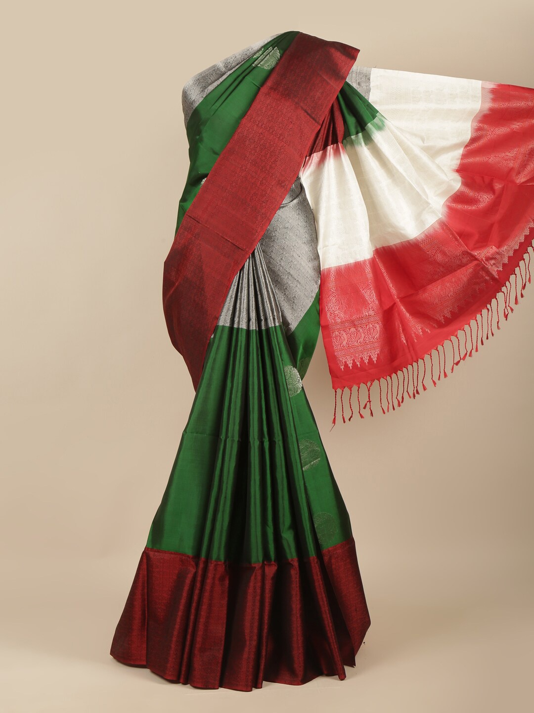 

Pothys Green & Red Ethnic Motifs Zari Pure Silk Saree