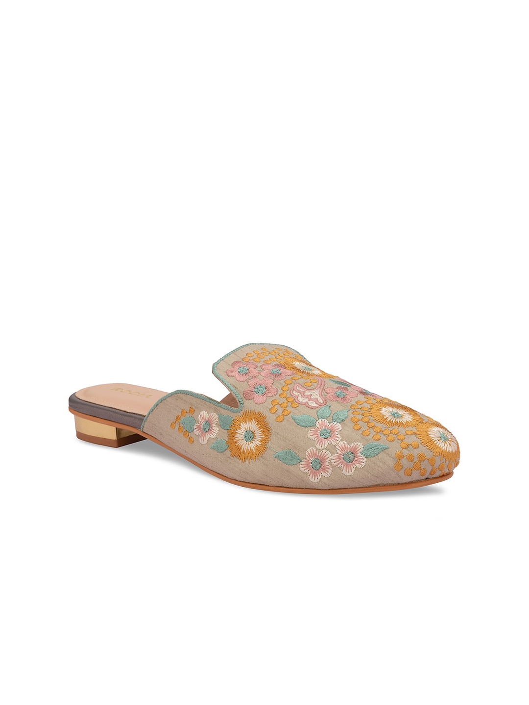 

Rocia Women Beige Textured Leather Ethnic Mules with Embroidered Flats