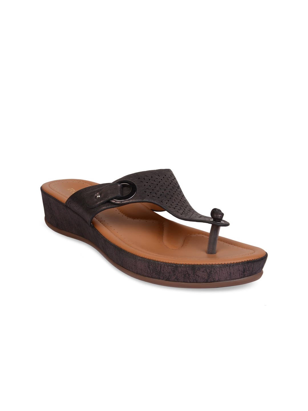 

Rocia Women Charcoal Grey T-Strap Flats with Laser Cuts