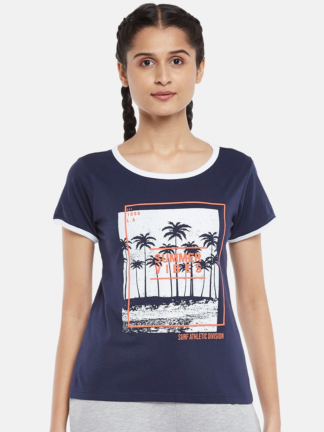 

Ajile by Pantaloons Women Navy Blue Printed Pure Cotton T-shirt
