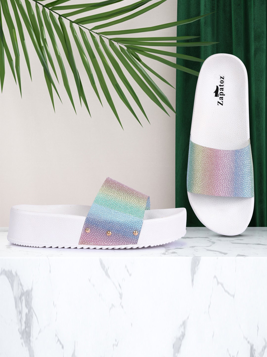 

ZAPATOZ White & Blue Printed PU Flatform Mules