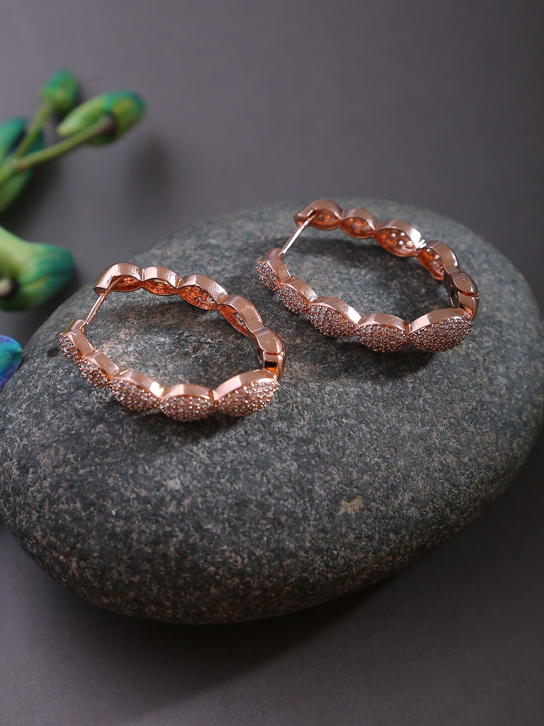 

SOHI Rose-Gold Toned & Plated Stone Studded Contemporary Hoop Earrings