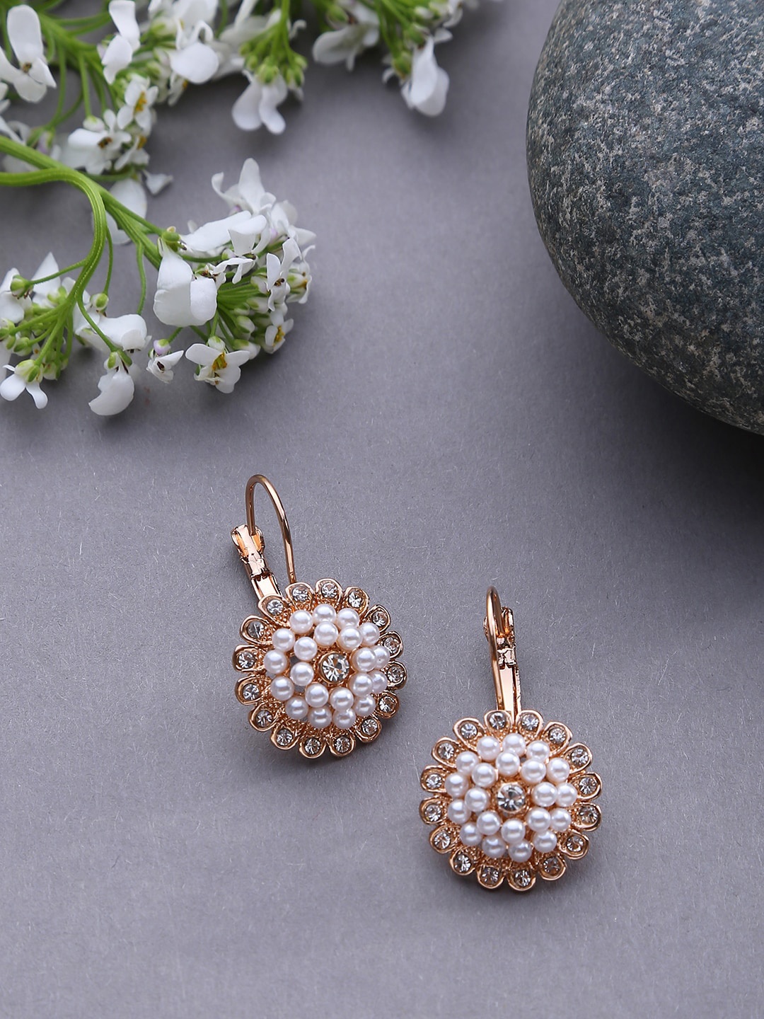 

SOHI Gold-Plated White Stone & Pearls Studded Floral Drop Earrings