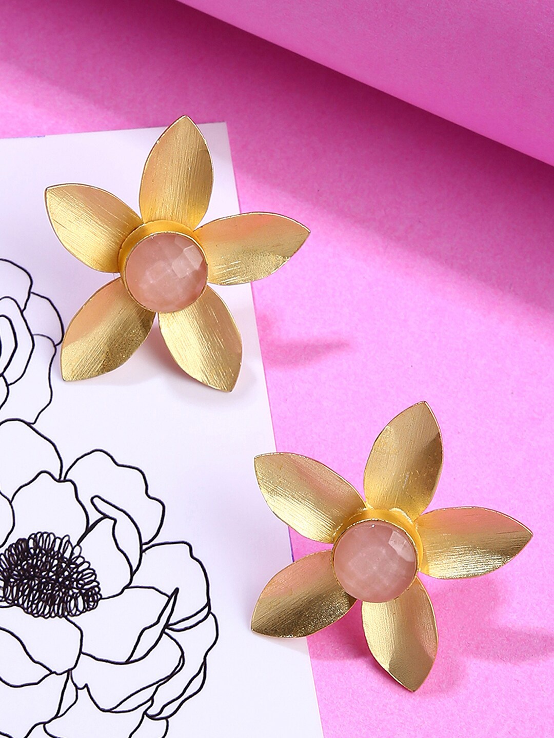 

SOHI Gold-Plated Pink Stone-Studded Floral Studs Earrings