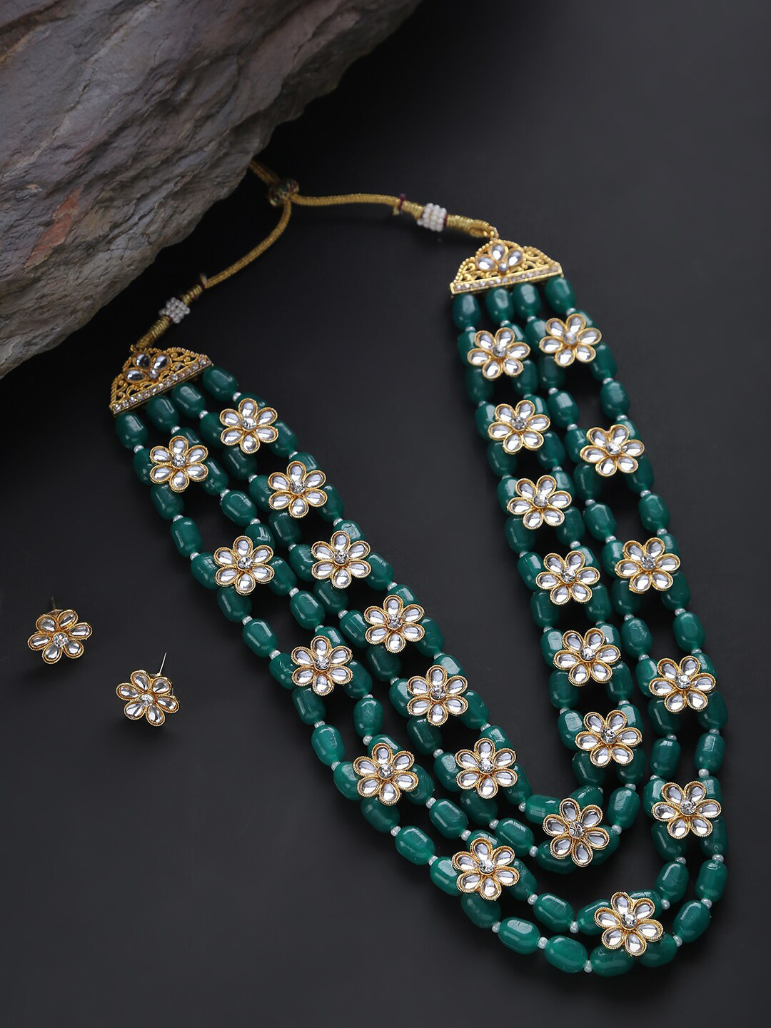 

SOHI Gold-Plated White & Green Stone-Studded Beaded Jewellery Set