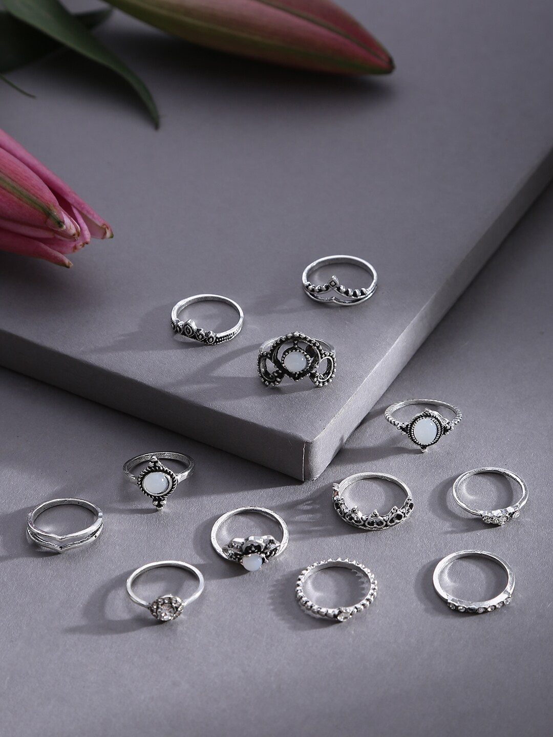 

SOHI Set of 12 Silver Plated Oxidised Rings