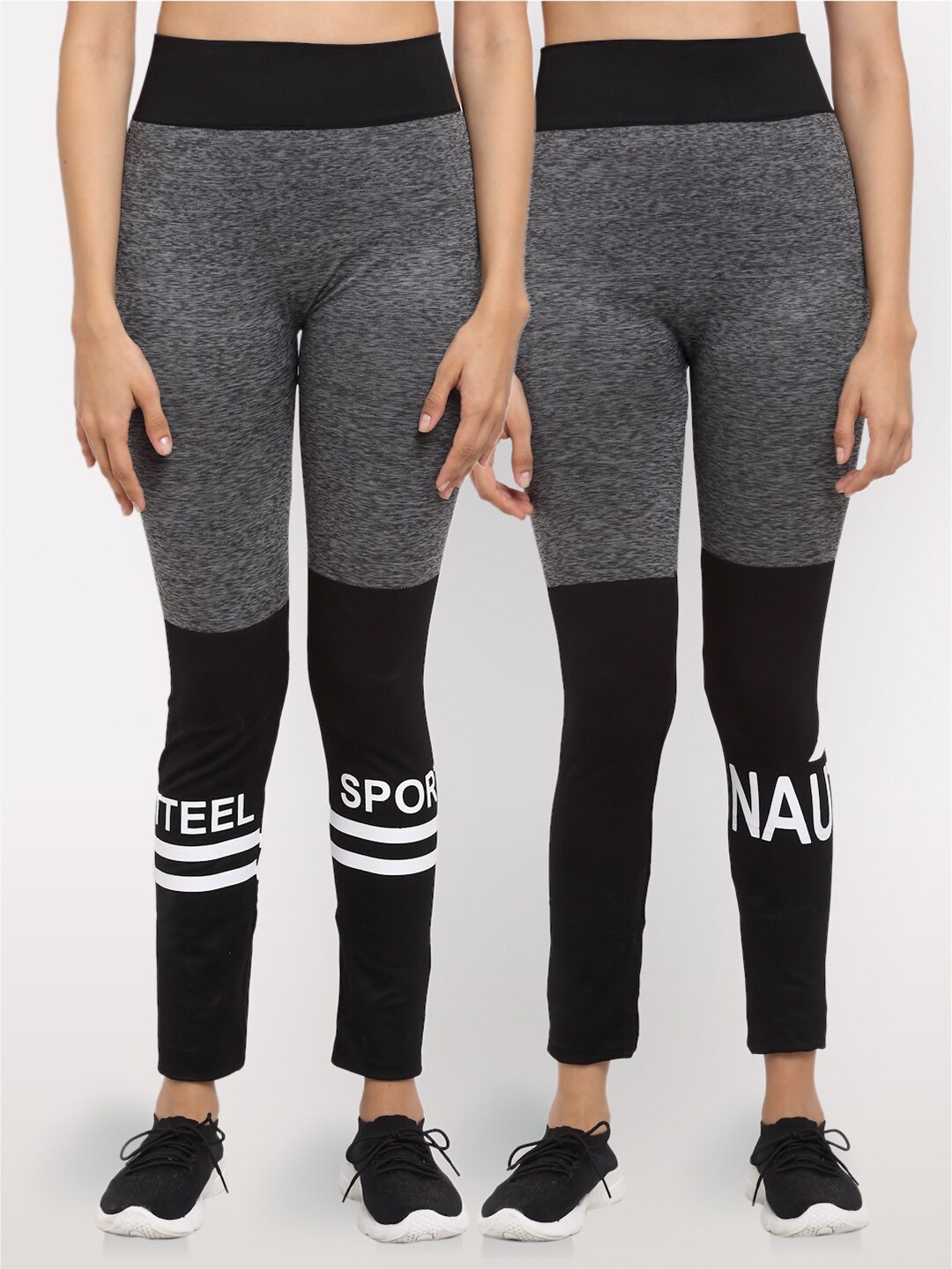 

NEUDIS Women Pack of 2 Charcoal Grey & Black Colourblocked Tights
