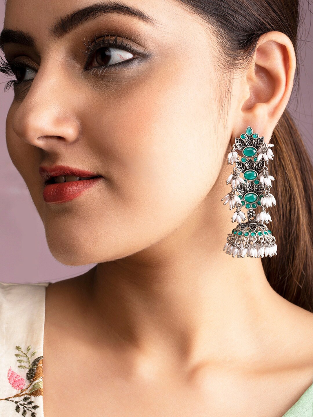 

Rubans Silver-Toned & Green Dome Shaped Jhumkas Earrings