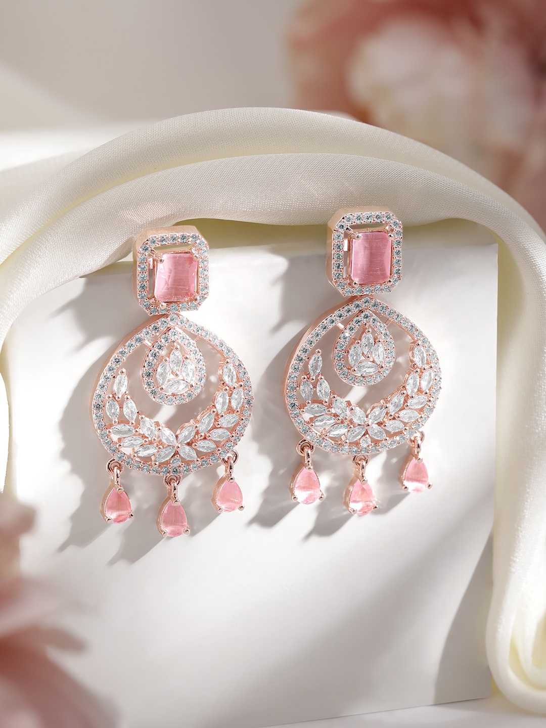 

Rubans Gold-Toned & Pink Crescent Shaped Drop Earrings