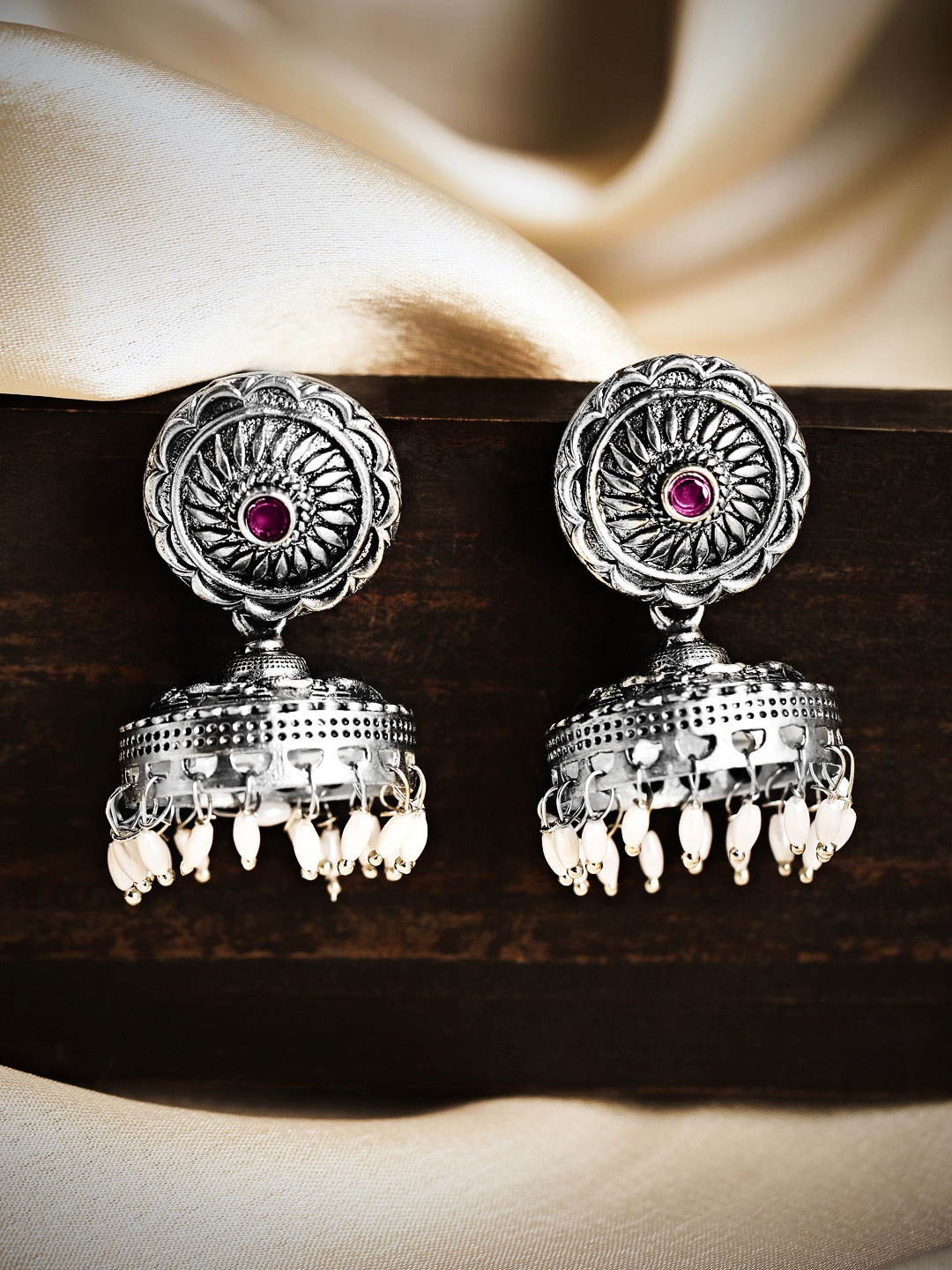 

Rubans Oxidised Silver-Toned Handcrafted Jhumkas Earrings