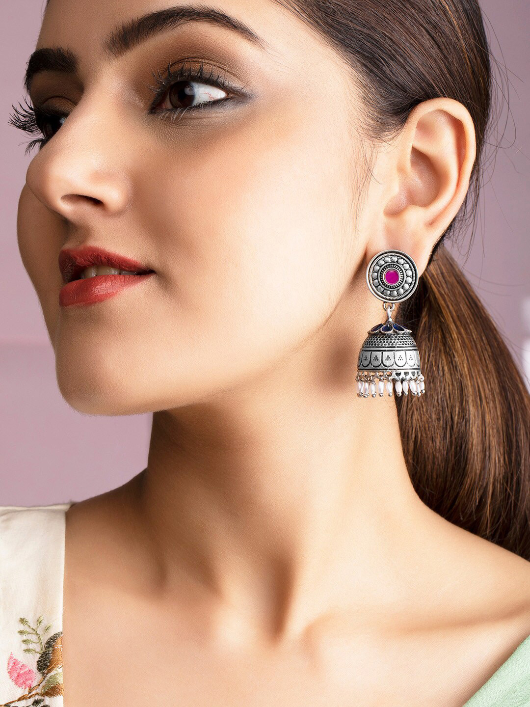 

Rubans Oxidised Silver-Toned & Blue Stone Studded Dome Shaped Jhumkas Earrings