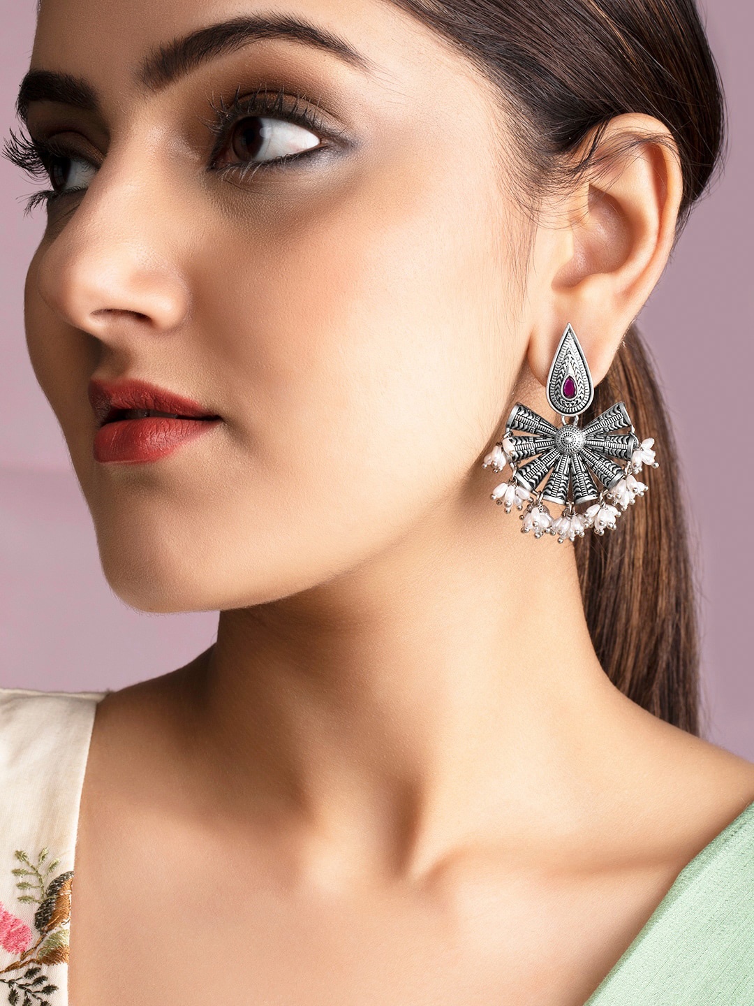 

Rubans Silver-Toned & White Crescent Shaped Drop Earrings