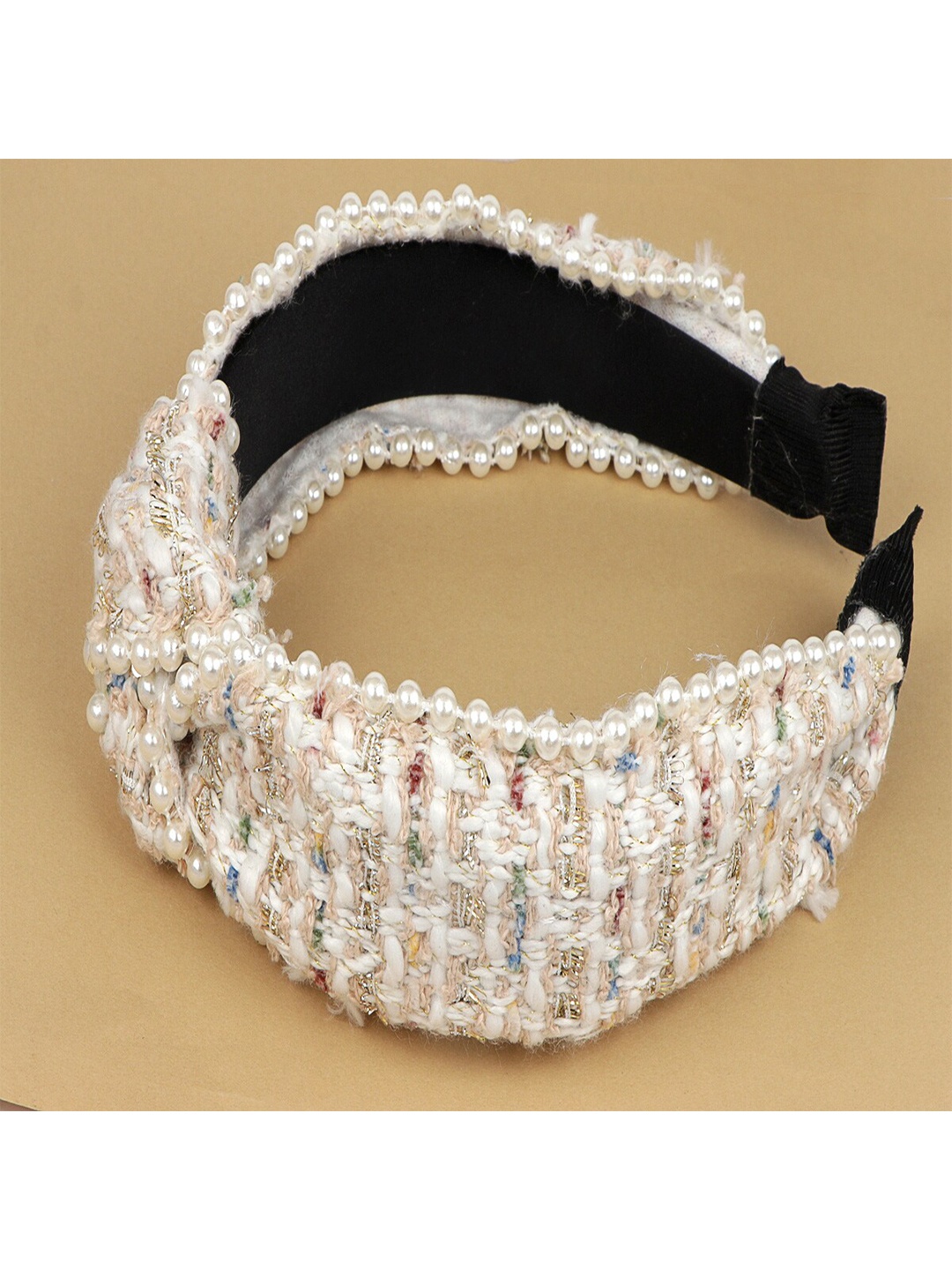 

Jewelz Women Beige & Gold-Toned Pearl Beaded Knot Hairband