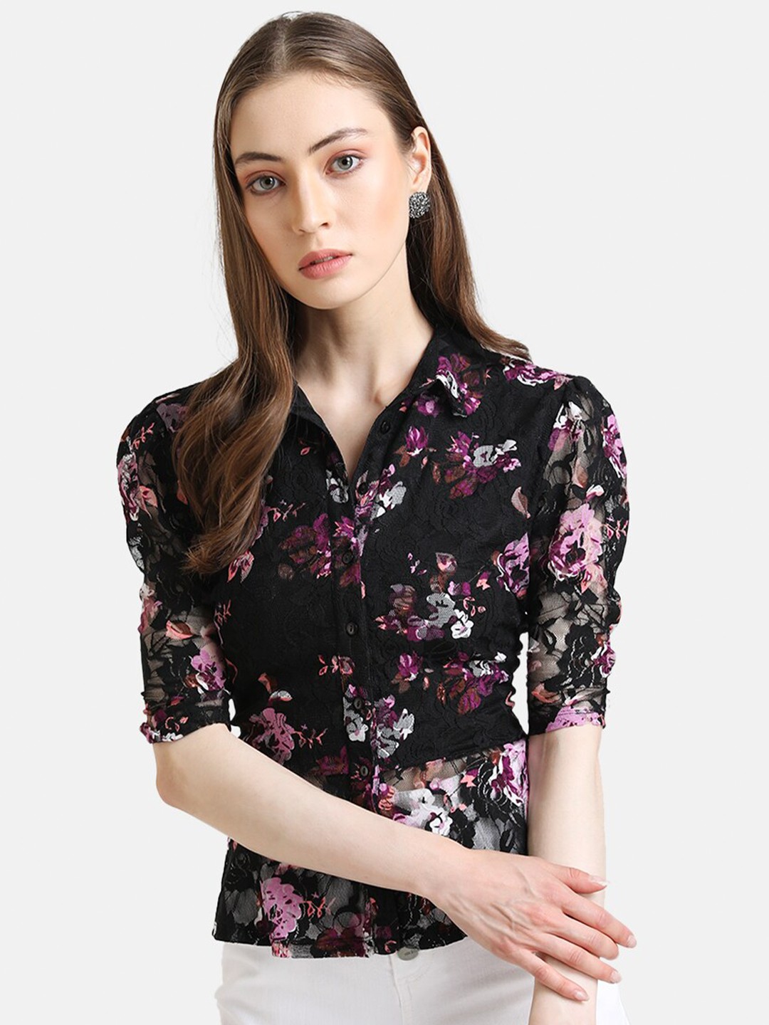 

Kazo Women Black Floral Printed Casual Shirt