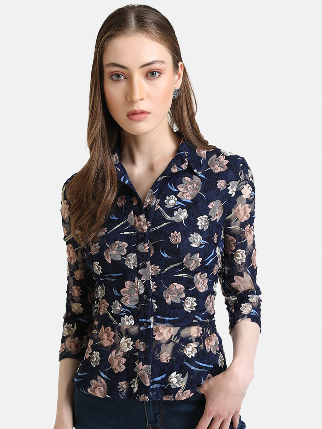 

Kazo Women Navy Blue Floral Printed Casual Shirt