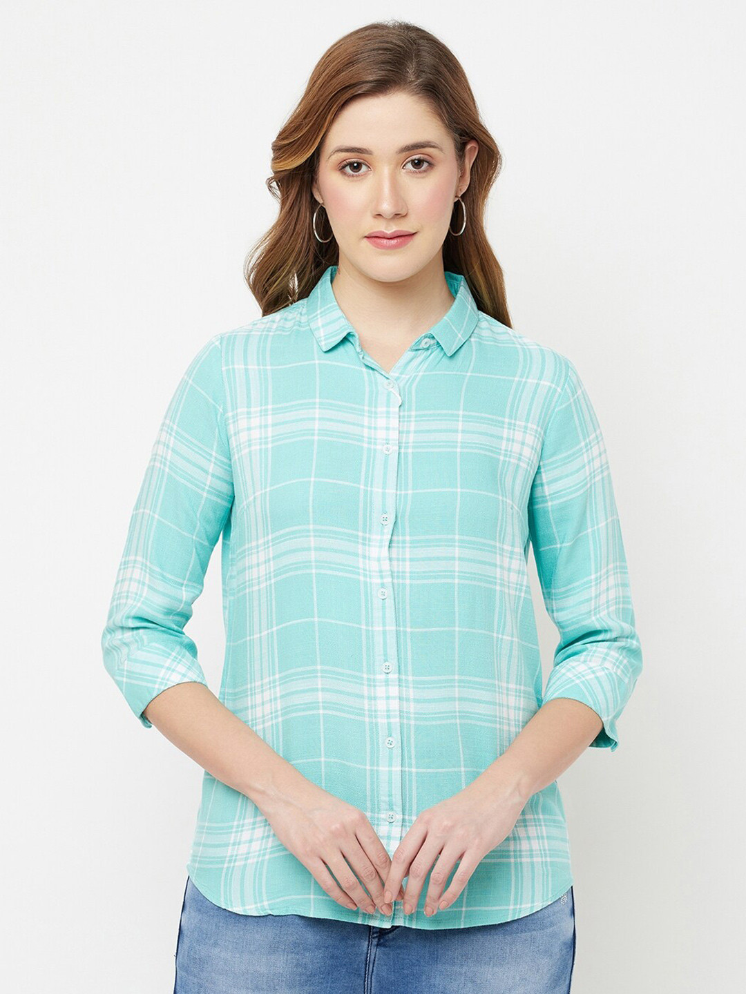 

Crimsoune Club Women Green Slim Fit Tartan Checks Checked Casual Shirt