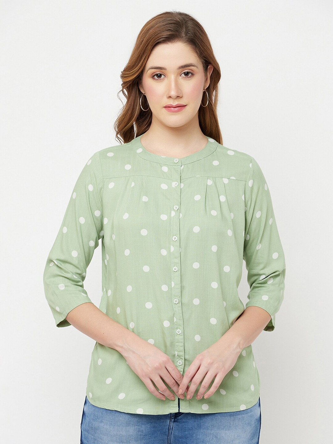 

Crimsoune Club Women Green Polka Dot Regular Top