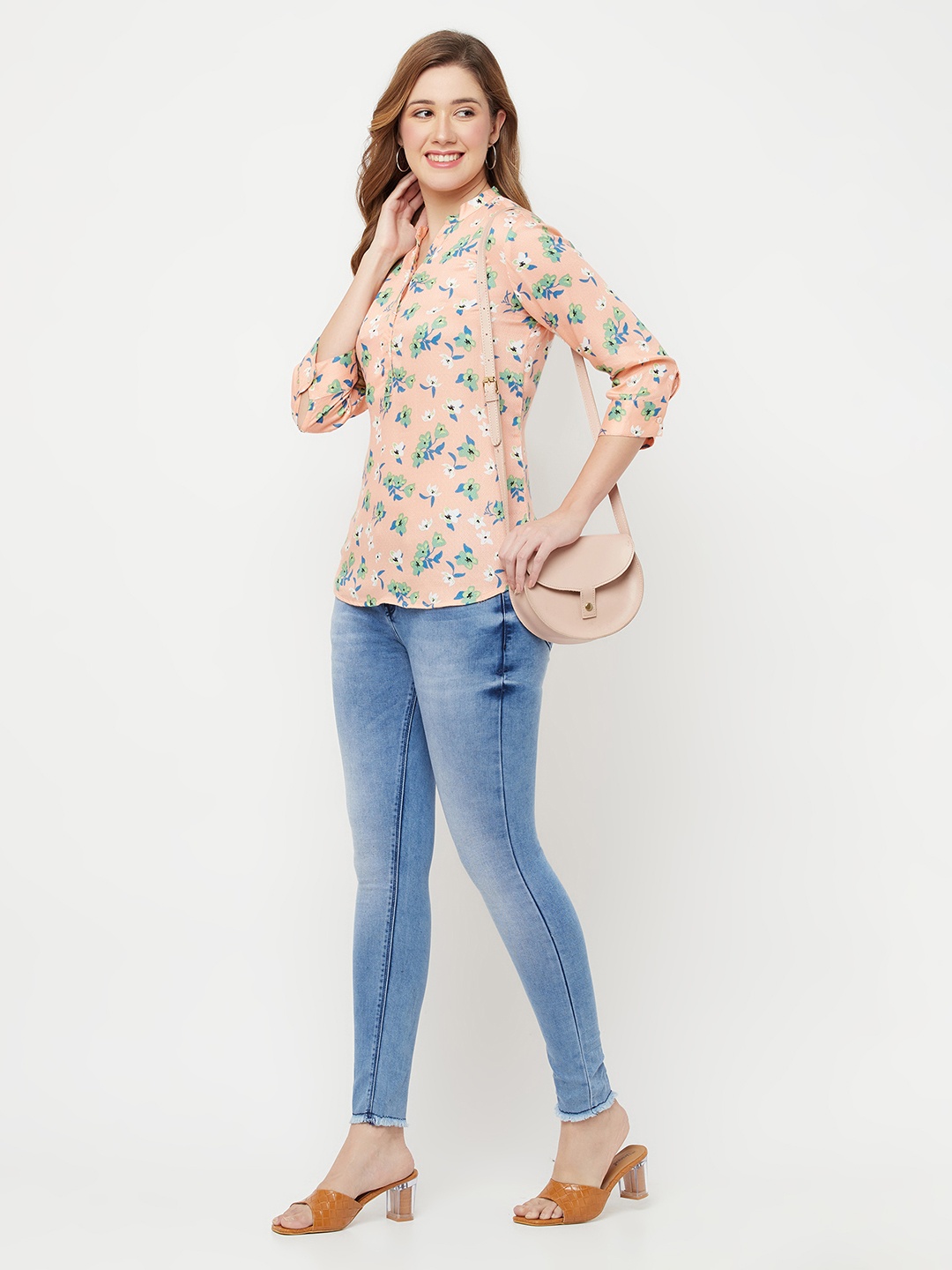 

Crimsoune Club Peach-Coloured & Green Floral Print Mandarin Collar Top