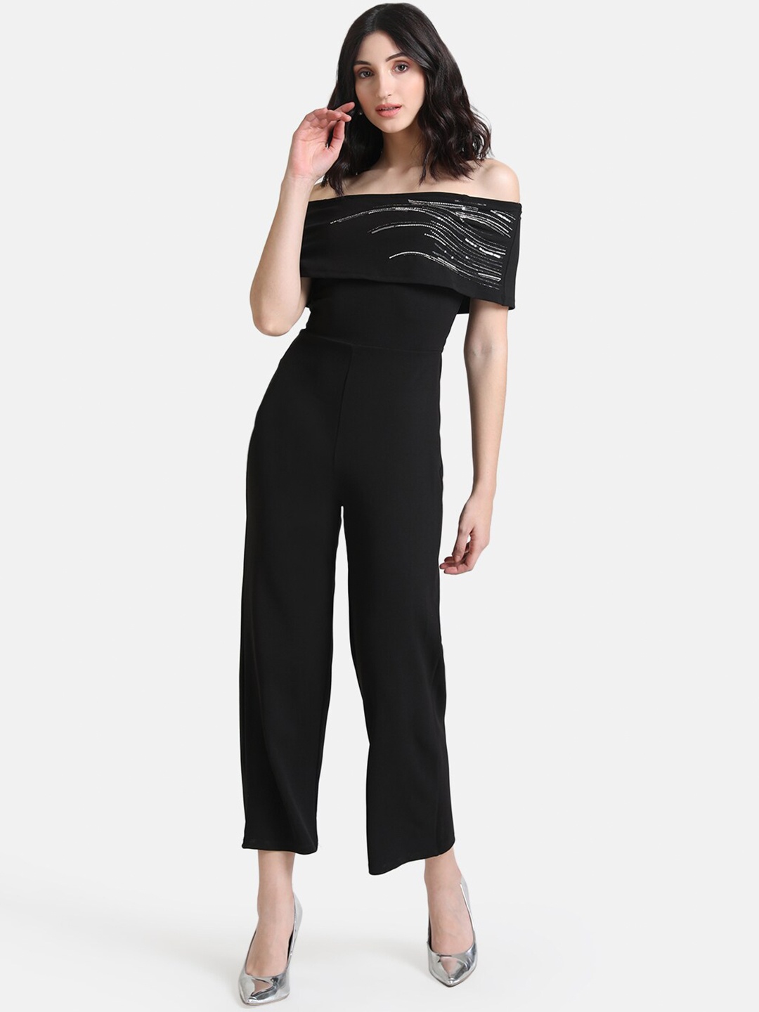 

Kazo Black Off-Shoulder Basic Jumpsuit with Embellished