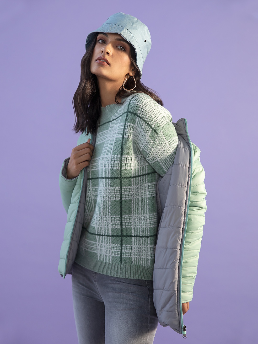 

Crimsoune Club Women Green & White Checked Pullover