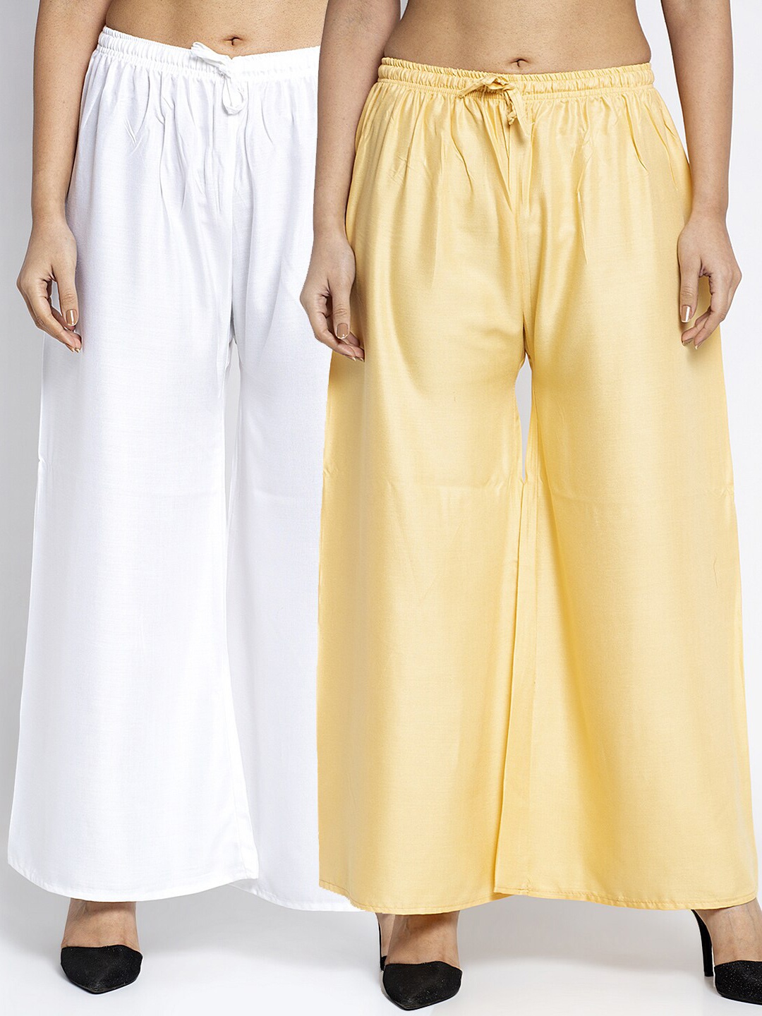 

Jinfo Women White & Tan Set of 2 Flared Ethnic Palazzos