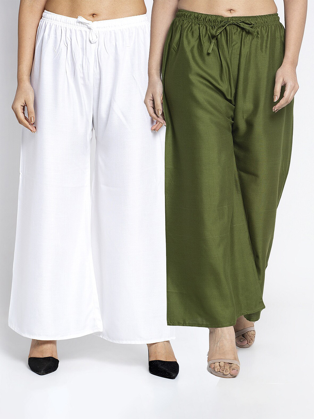 

Jinfo Women White & Green Set Of 2 Flared Knitted Ethnic Palazzos