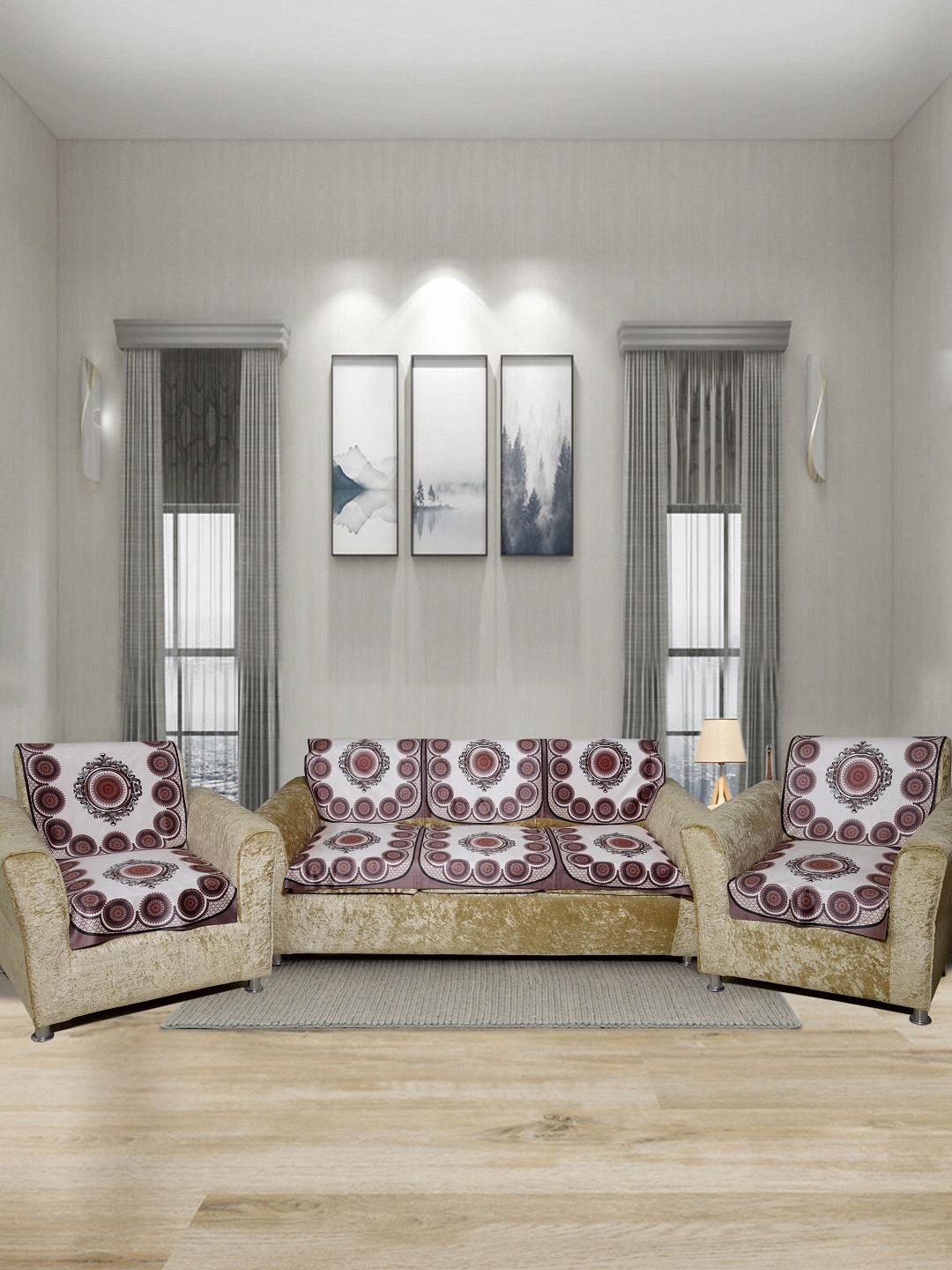 

BELLA TRUE Set Of 6 Pieces Cream & Maroon Printed 5-Seater Sofa Cover