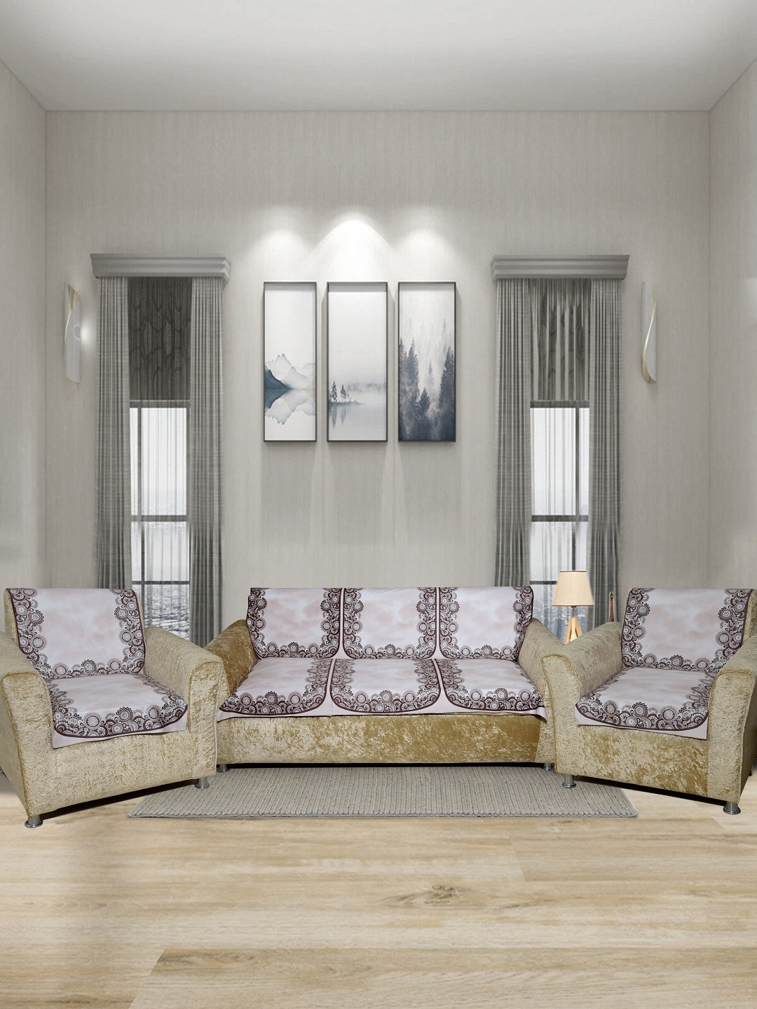 

BELLA TRUE 6 Pieces Cream & Brown Digital Printed 5-Seater Sofa Cover