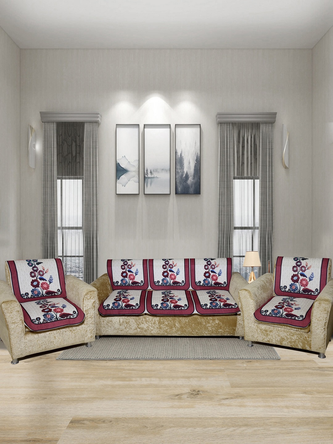 

BELLA TRUE Pack Of 6 Maroon & Blue Digital Printed 5-Seater Sofa Cover