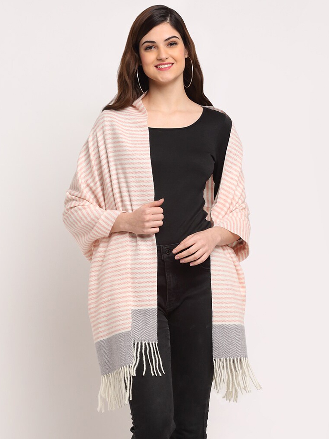 

LOOM LEGACY Women Pink & Grey Striped Woven Design Acrylic Wool Stole
