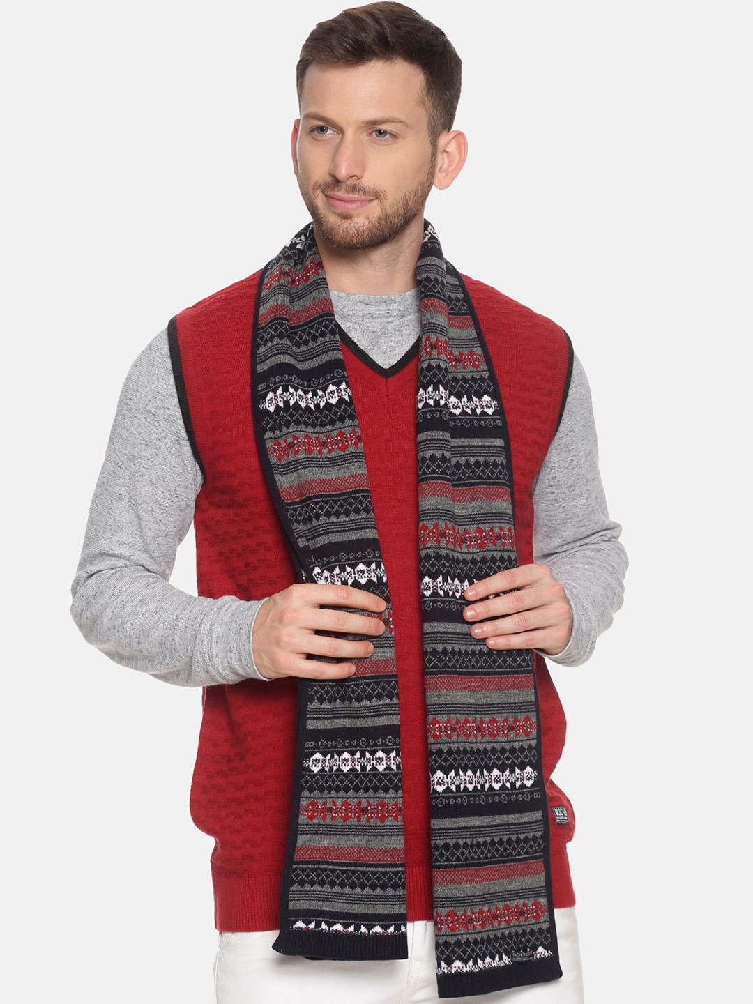 

513 Men Navy Blue & Grey Striped Knitted Muffler