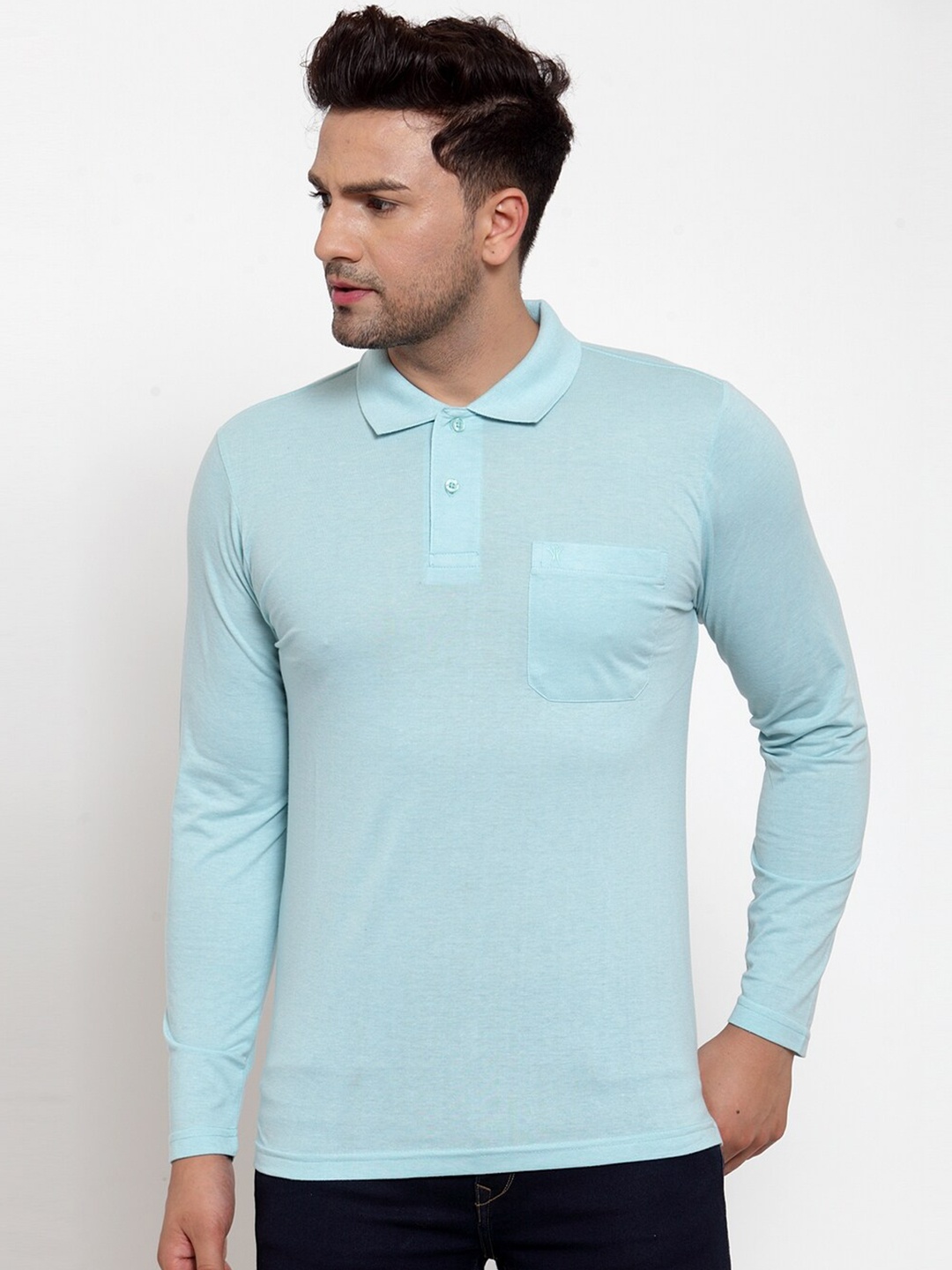 

VENITIAN Men Turquoise Blue Regular Fit Cotton Polo Collar Pockets T-shirt