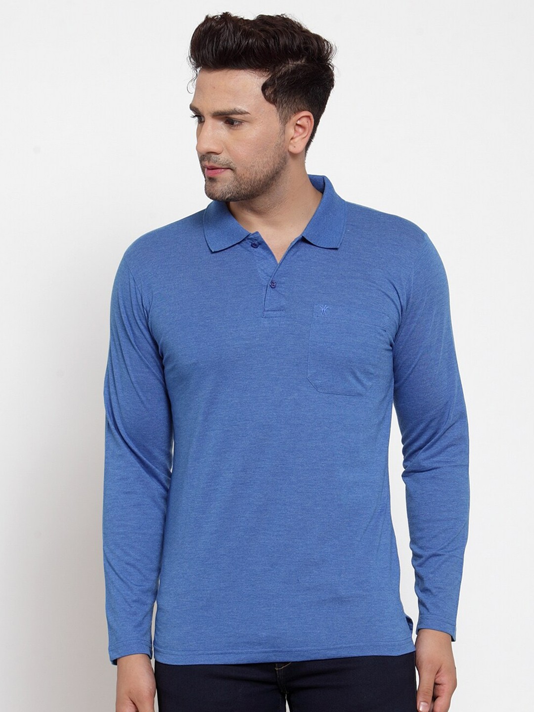 

VENITIAN Men Blue Solid Polo Collar Pockets T-shirt